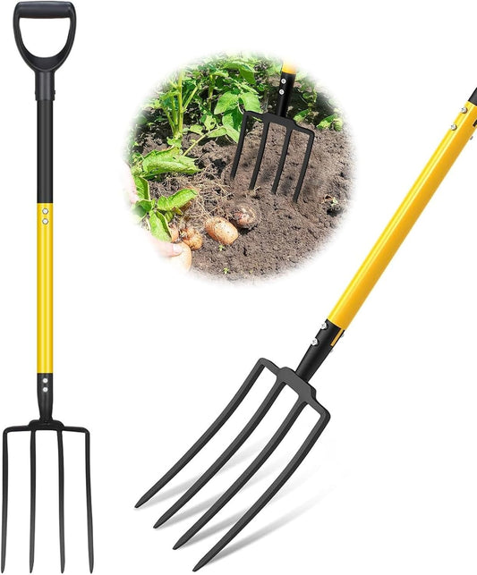 Pitch Fork, 4 Tine Heavy Duty Garden Fork Ergonomic Handle for Gardening