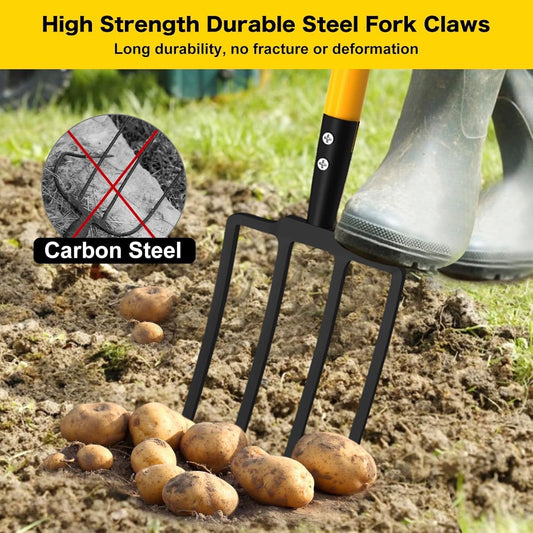 Pitch Fork, 4 Tine Heavy Duty Garden Fork Ergonomic Handle for Gardening