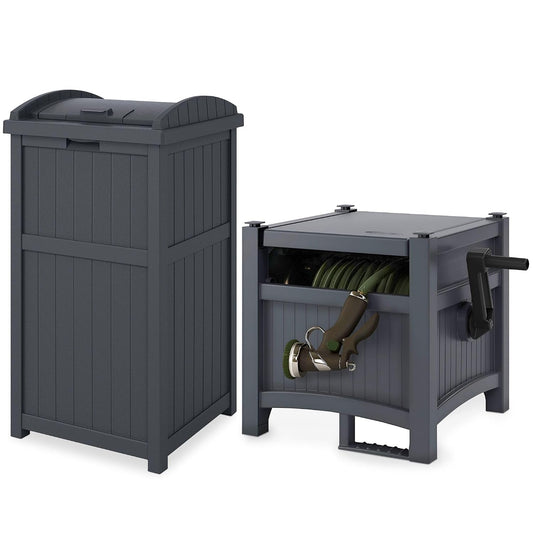 100' Resin Garden Hose Reel & Hideaway Outdoor 33 Gal Garbage Bin, Grey