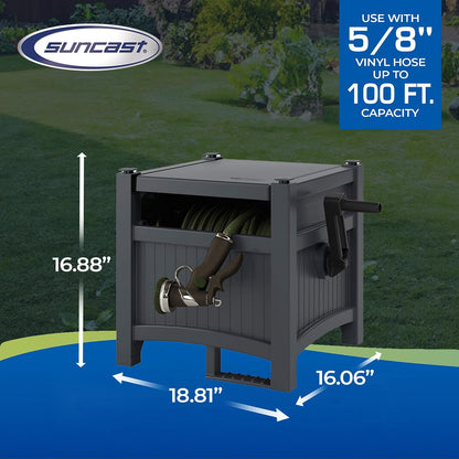 100' Resin Garden Hose Reel & Hideaway Outdoor 33 Gal Garbage Bin, Grey