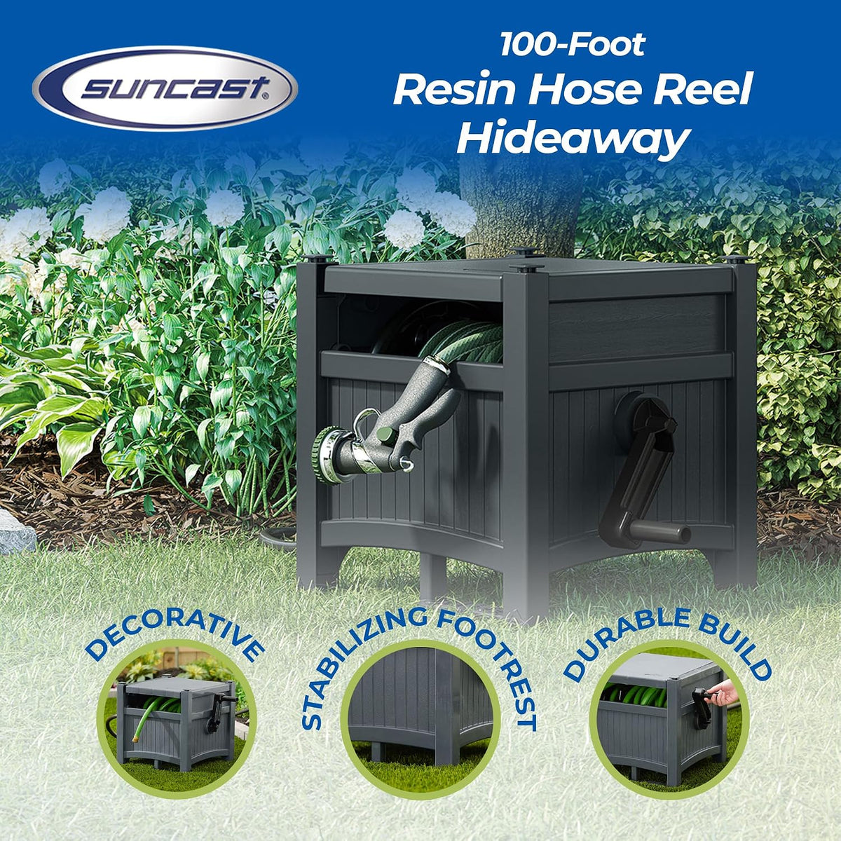 100' Resin Garden Hose Reel & Hideaway Outdoor 33 Gal Garbage Bin, Grey