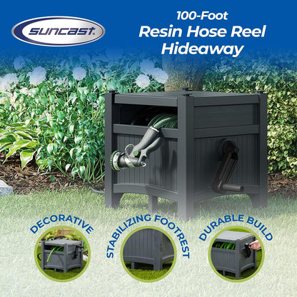 100' Resin Garden Hose Reel & Hideaway Outdoor 33 Gal Garbage Bin, Grey