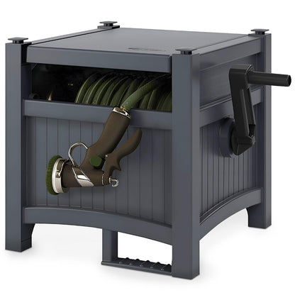 100' Resin Garden Hose Reel & Hideaway Outdoor 33 Gal Garbage Bin, Grey