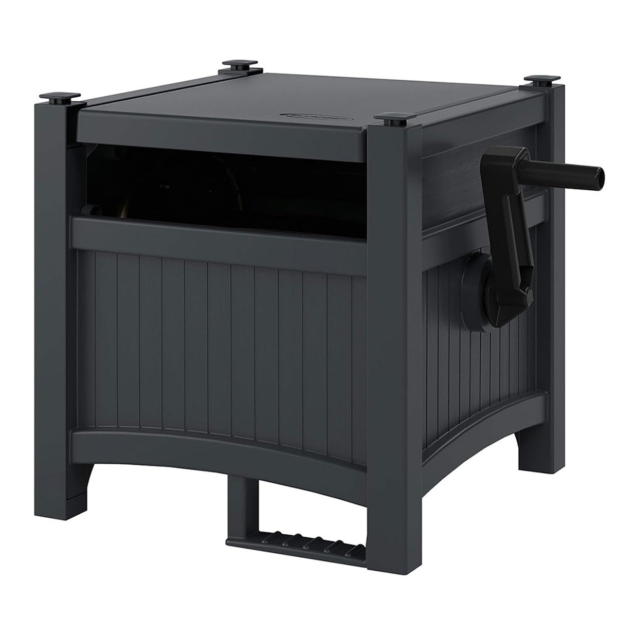 100' Resin Garden Hose Reel & Hideaway Outdoor 33 Gal Garbage Bin, Grey