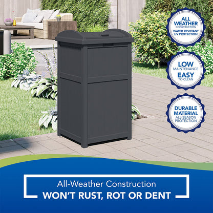 100' Resin Garden Hose Reel & Hideaway Outdoor 33 Gal Garbage Bin, Grey