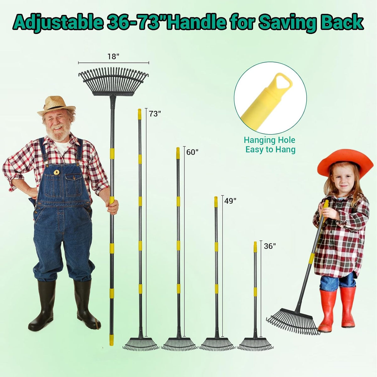Rake for Leaves Set, Heavy-Duty Garden Rake for Lawns, 73-Inch Adjustable