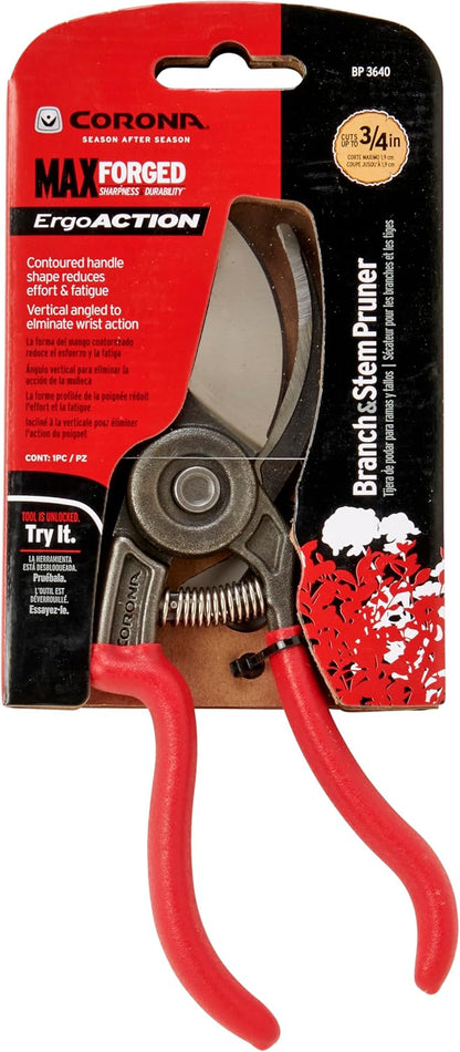 Corona BP 3640 Forged Steel ErgoACTION Angled Bypass Hand Pruner - 3/4 inch Cut Capacity Stem and Branch Garden Shears, Red