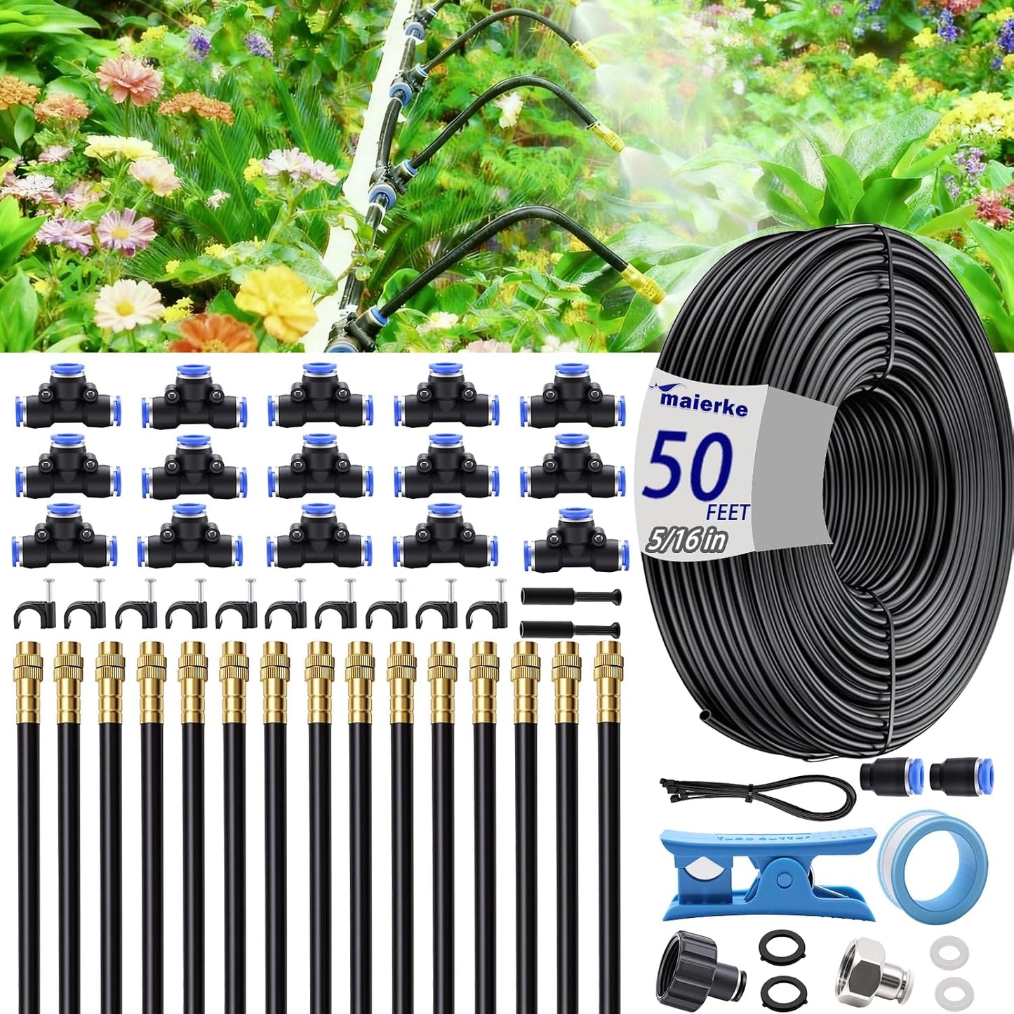 50FT 5/16 inch 360° Adjustable Drip Irrigation Kits Automatic Garden Watering Misting Atomizing System with 16pcs Bendable Nozzles for Yard, Lawn, Plant, Greenhouse, Garden(5/16 inch Hose)