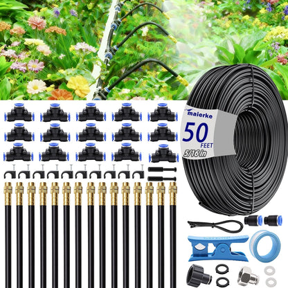50FT 5/16 inch 360° Adjustable Drip Irrigation Kits Automatic Garden Watering Misting Atomizing System with 16pcs Bendable Nozzles for Yard, Lawn, Plant, Greenhouse, Garden(5/16 inch Hose)