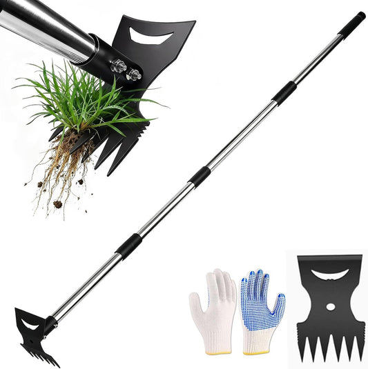 58" Weed Puller Tool for Lawn Yard, 2-in-1 Garden Hoe and Weed Puller Rake
