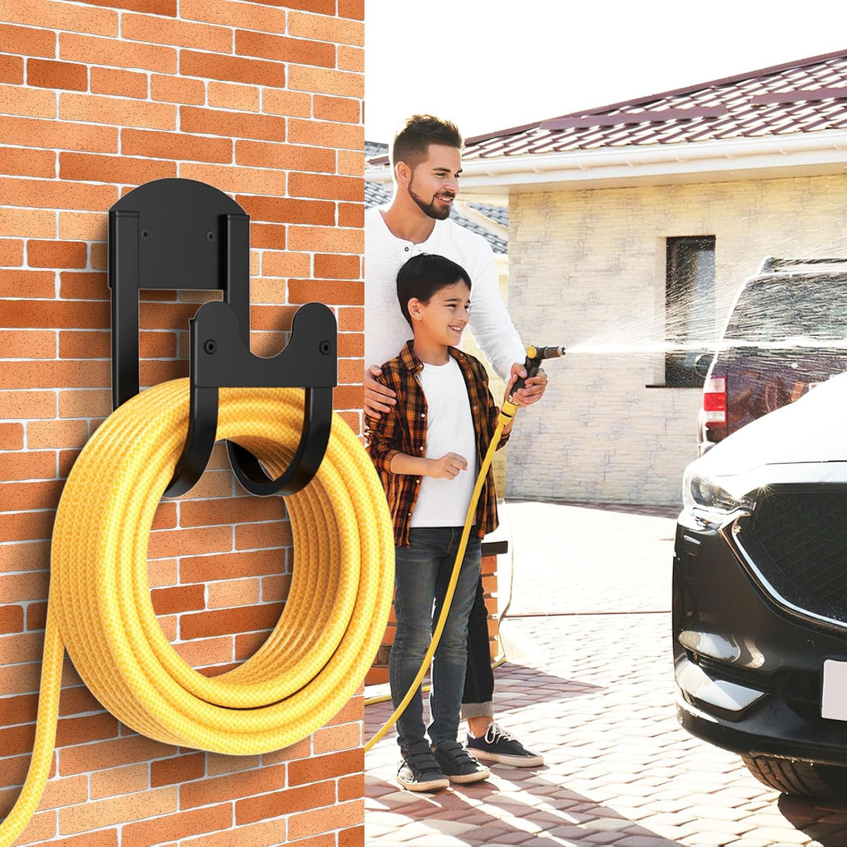 Garden Hose Holder Wall Mount - Metal Water Hose Hanger for Outside, Durable Hose Hook for Garden Garage Yard Storage (Black-1PC)