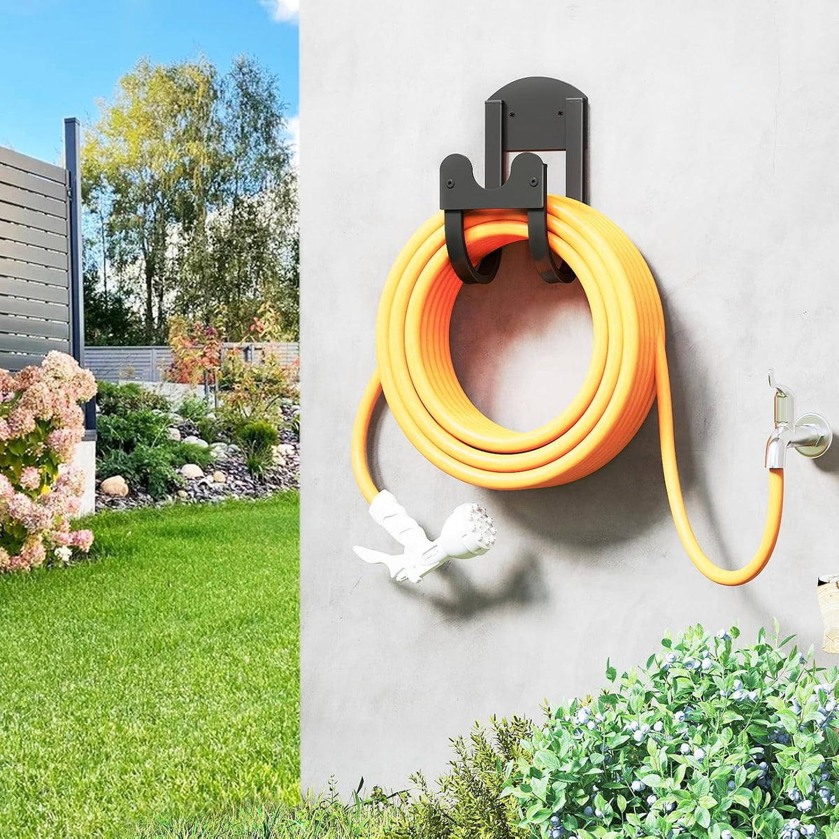 Garden Hose Holder Wall Mount - Metal Water Hose Hanger for Outside, Durable Hose Hook for Garden Garage Yard Storage (Black-1PC)