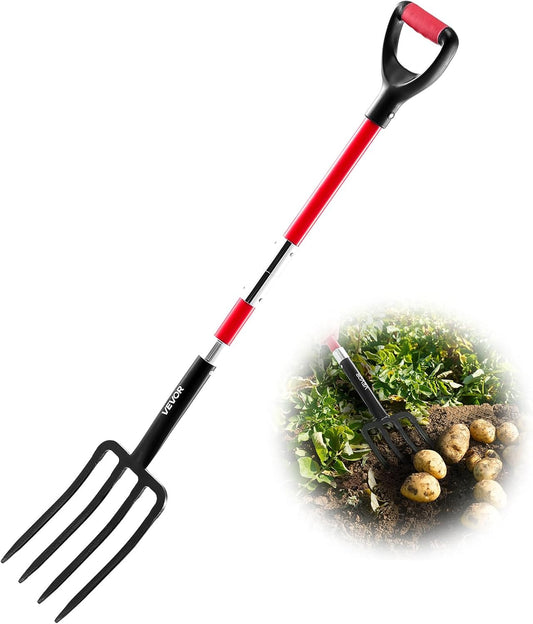 Garden Fork, 4-Tine Gardening Pitchfork with Fiberglass Handle, 45 in Heavy Duty Digging Fork with Y Grip, Forged Steel Spading Fork for Hay Potato Composting Transplanting Aeration