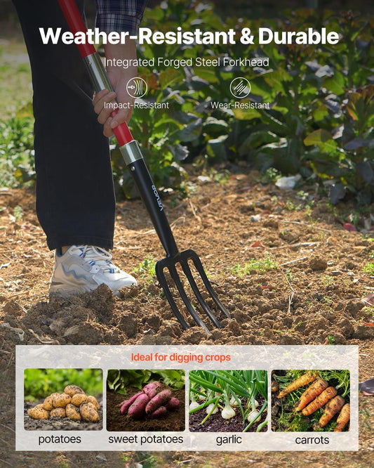 Garden Fork, 4-Tine Gardening Pitchfork with Fiberglass Handle, 45 in Heavy Duty Digging Fork with Y Grip, Forged Steel Spading Fork for Hay Potato Composting Transplanting Aeration