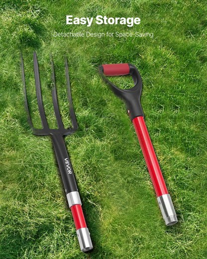 Garden Fork, 4-Tine Gardening Pitchfork with Fiberglass Handle, 45 in Heavy Duty Digging Fork with Y Grip, Forged Steel Spading Fork for Hay Potato Composting Transplanting Aeration