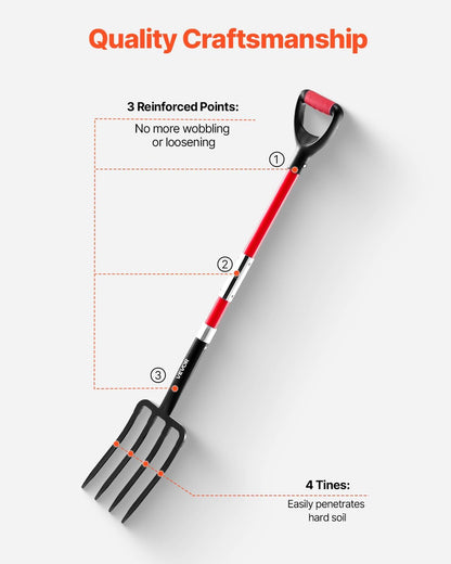 Garden Fork, 4-Tine Gardening Pitchfork with Fiberglass Handle, 45 in Heavy Duty Digging Fork with Y Grip, Forged Steel Spading Fork for Hay Potato Composting Transplanting Aeration