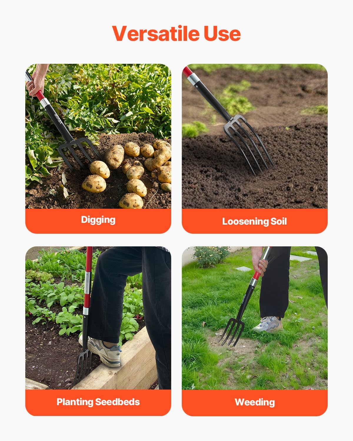 Garden Fork, 4-Tine Gardening Pitchfork with Fiberglass Handle, 45 in Heavy Duty Digging Fork with Y Grip, Forged Steel Spading Fork for Hay Potato Composting Transplanting Aeration