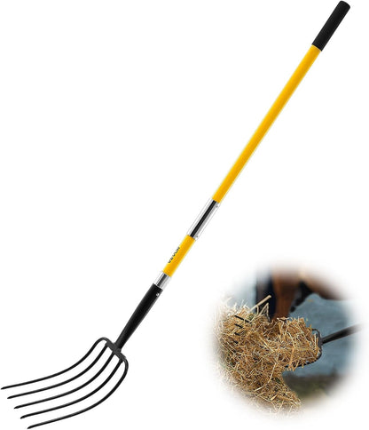 Garden Fork, 4-Tine Gardening Pitchfork with Fiberglass Handle, 45 in Heavy Duty Digging Fork with Y Grip, Forged Steel Spading Fork for Hay Potato Composting Transplanting Aeration