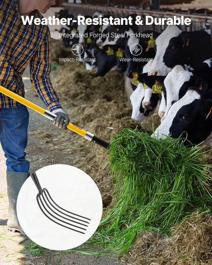 Garden Fork, 4-Tine Gardening Pitchfork with Fiberglass Handle, 45 in Heavy Duty Digging Fork with Y Grip, Forged Steel Spading Fork for Hay Potato Composting Transplanting Aeration