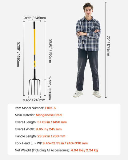 Garden Fork, 4-Tine Gardening Pitchfork with Fiberglass Handle, 45 in Heavy Duty Digging Fork with Y Grip, Forged Steel Spading Fork for Hay Potato Composting Transplanting Aeration