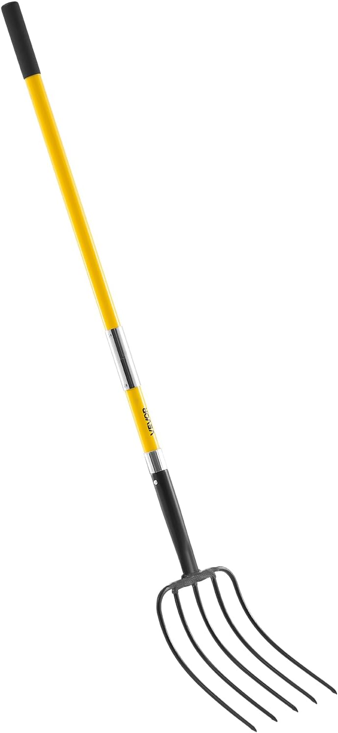 Garden Fork, 4-Tine Gardening Pitchfork with Fiberglass Handle, 45 in Heavy Duty Digging Fork with Y Grip, Forged Steel Spading Fork for Hay Potato Composting Transplanting Aeration