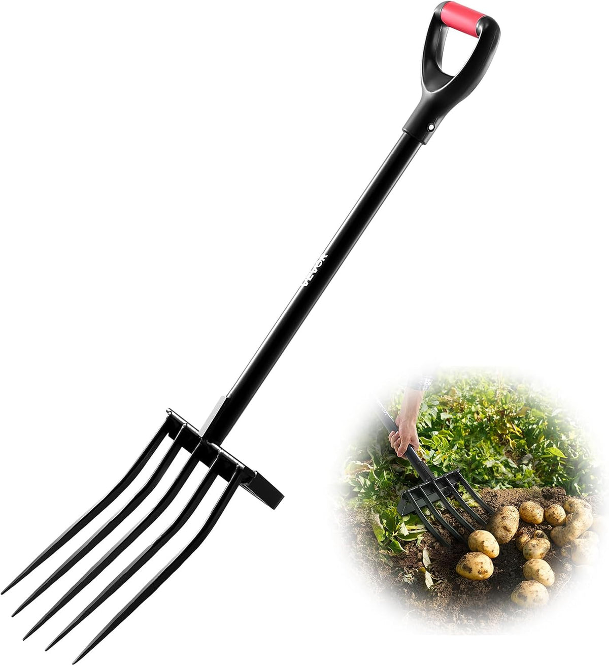 Garden Fork, 4-Tine Gardening Pitchfork with Fiberglass Handle, 45 in Heavy Duty Digging Fork with Y Grip, Forged Steel Spading Fork for Hay Potato Composting Transplanting Aeration