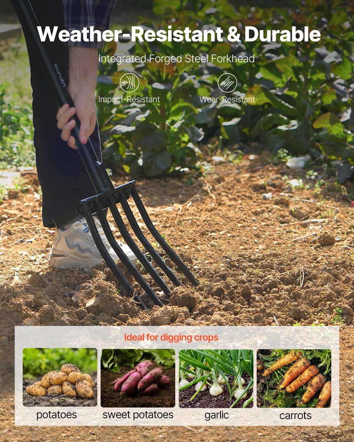 Garden Fork, 4-Tine Gardening Pitchfork with Fiberglass Handle, 45 in Heavy Duty Digging Fork with Y Grip, Forged Steel Spading Fork for Hay Potato Composting Transplanting Aeration