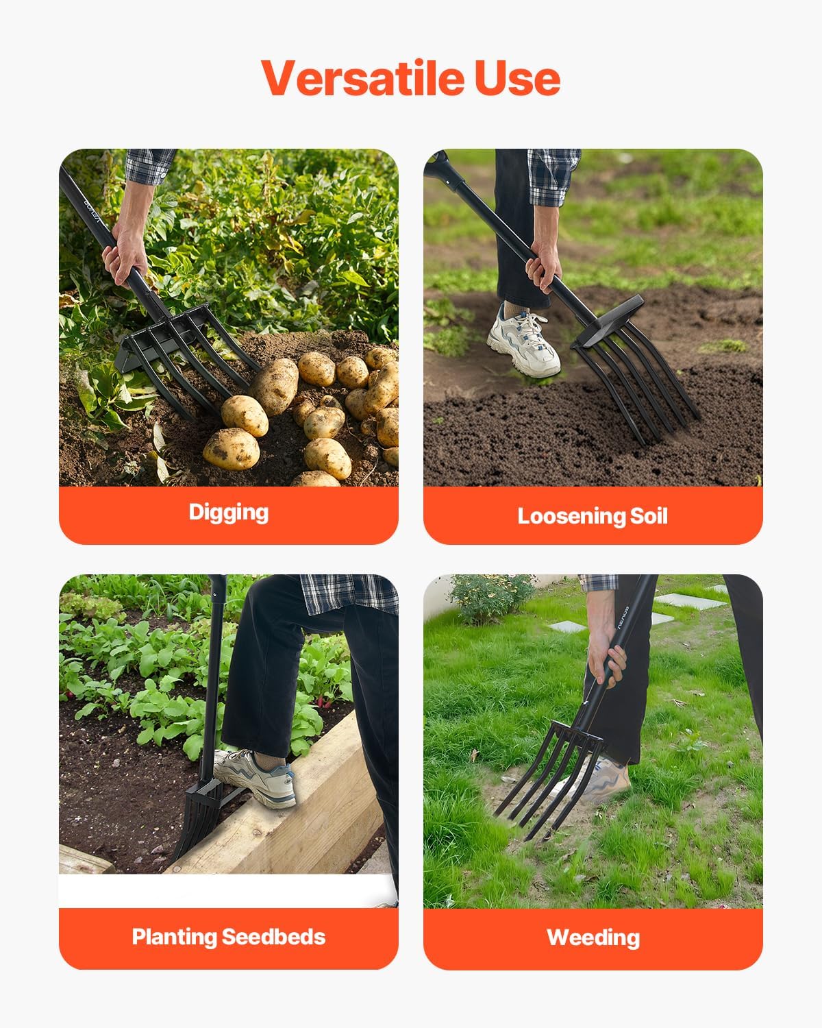 Garden Fork, 4-Tine Gardening Pitchfork with Fiberglass Handle, 45 in Heavy Duty Digging Fork with Y Grip, Forged Steel Spading Fork for Hay Potato Composting Transplanting Aeration