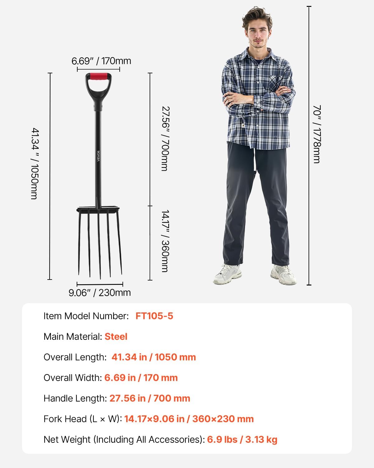 Garden Fork, 4-Tine Gardening Pitchfork with Fiberglass Handle, 45 in Heavy Duty Digging Fork with Y Grip, Forged Steel Spading Fork for Hay Potato Composting Transplanting Aeration
