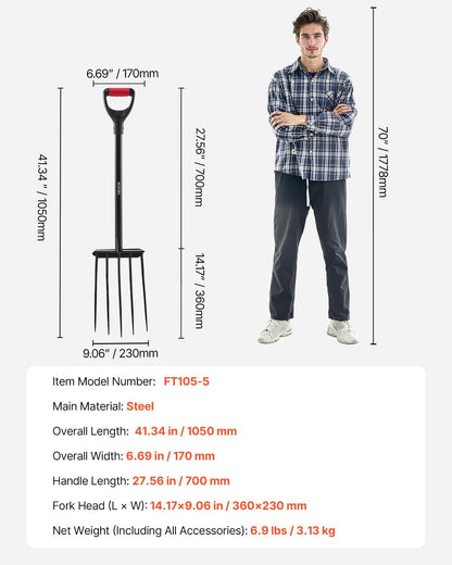 Garden Fork, 4-Tine Gardening Pitchfork with Fiberglass Handle, 45 in Heavy Duty Digging Fork with Y Grip, Forged Steel Spading Fork for Hay Potato Composting Transplanting Aeration