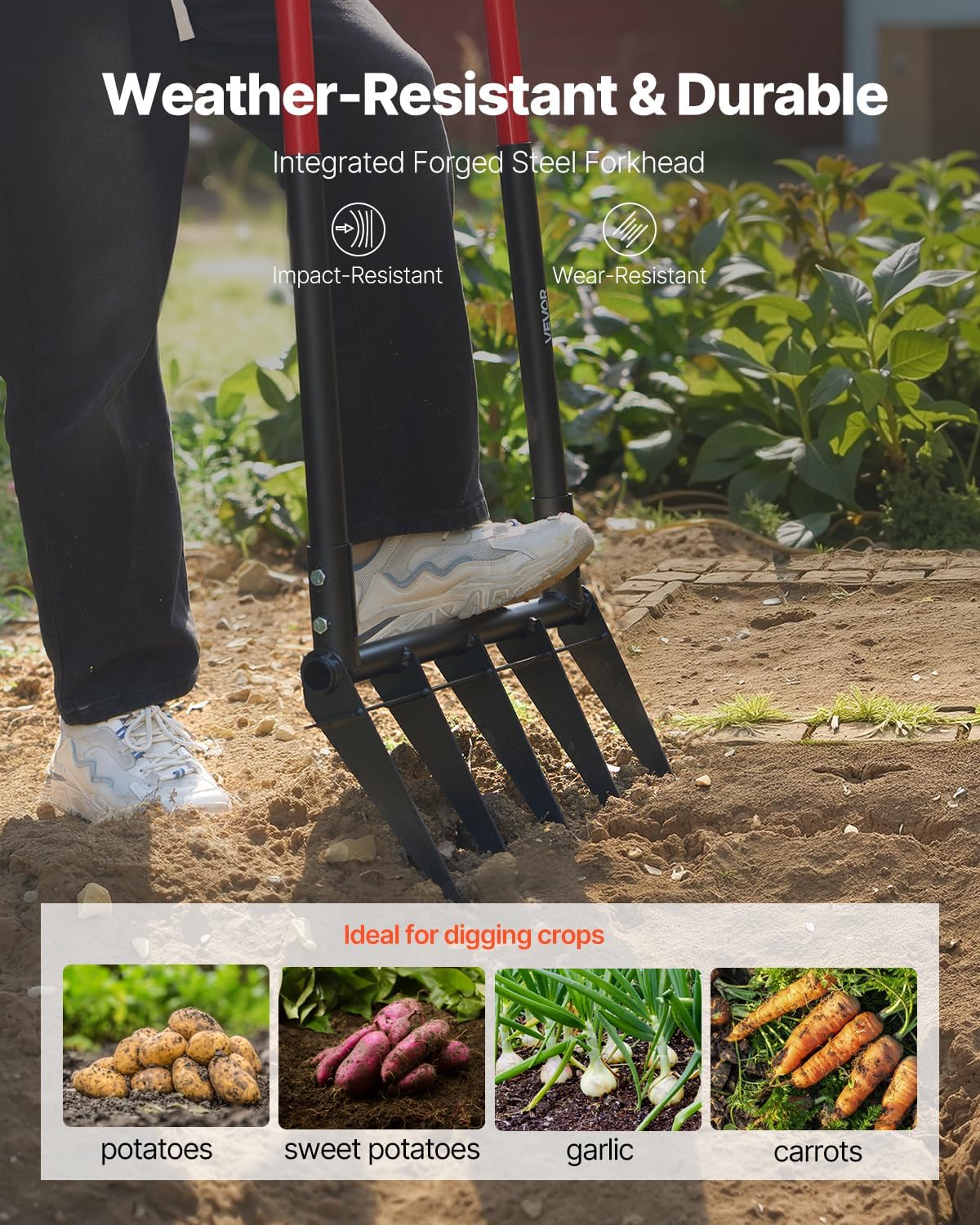 Garden Fork, 4-Tine Gardening Pitchfork with Fiberglass Handle, 45 in Heavy Duty Digging Fork with Y Grip, Forged Steel Spading Fork for Hay Potato Composting Transplanting Aeration