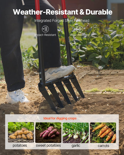 Garden Fork, 4-Tine Gardening Pitchfork with Fiberglass Handle, 45 in Heavy Duty Digging Fork with Y Grip, Forged Steel Spading Fork for Hay Potato Composting Transplanting Aeration