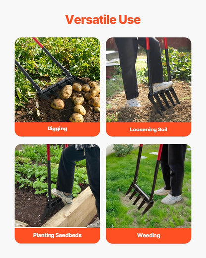 Garden Fork, 4-Tine Gardening Pitchfork with Fiberglass Handle, 45 in Heavy Duty Digging Fork with Y Grip, Forged Steel Spading Fork for Hay Potato Composting Transplanting Aeration