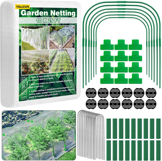 67 Pcs Garden Netting Kit, 10x25 Ft Ultra Mosquito Bird Netting with 6 Hoops & 12 Clips, Fruit Tree Netting for Patio Raised Beds Vegetable Flowers Protection Barrier