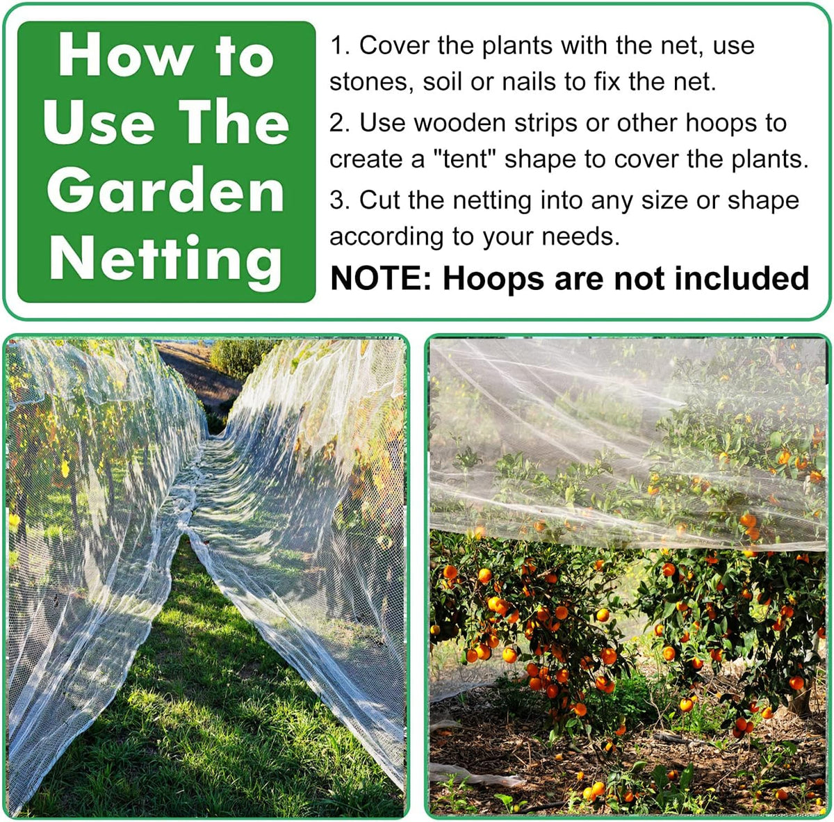 67 Pcs Garden Netting Kit, 10x25 Ft Ultra Mosquito Bird Netting with 6 Hoops & 12 Clips, Fruit Tree Netting for Patio Raised Beds Vegetable Flowers Protection Barrier