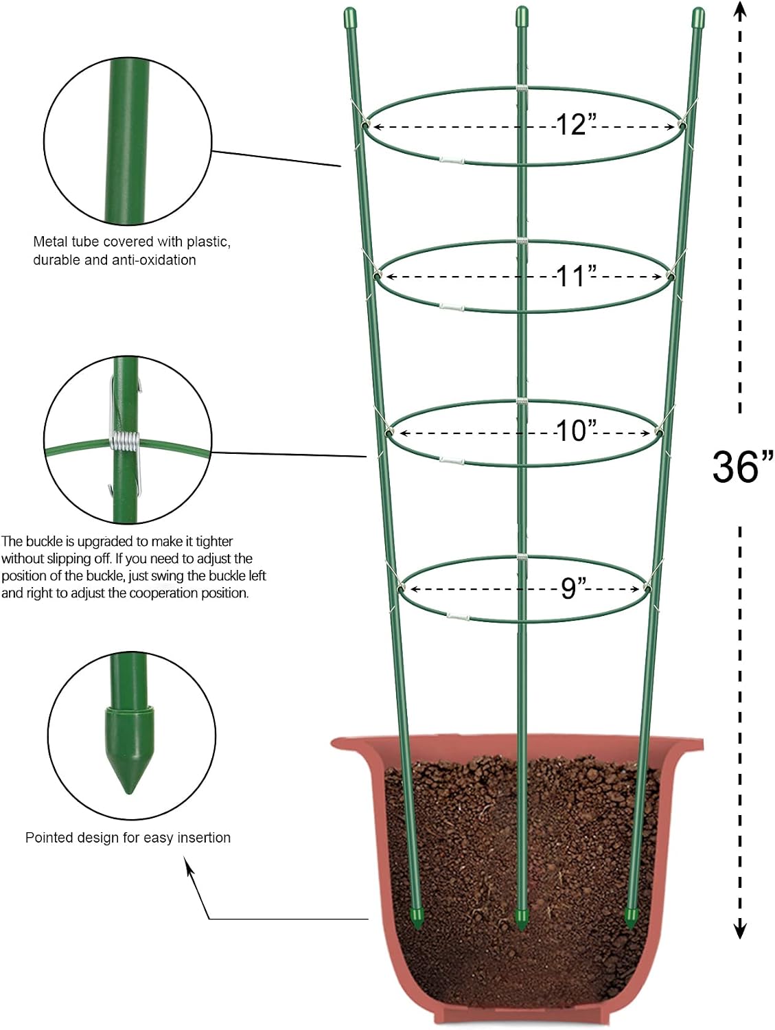 Plant Support Cages for Climbing Plant Upgrade Flower Tomato cage with Stand Stakes and Stable Support Rings, 3 Pack with 12 Clips (36")