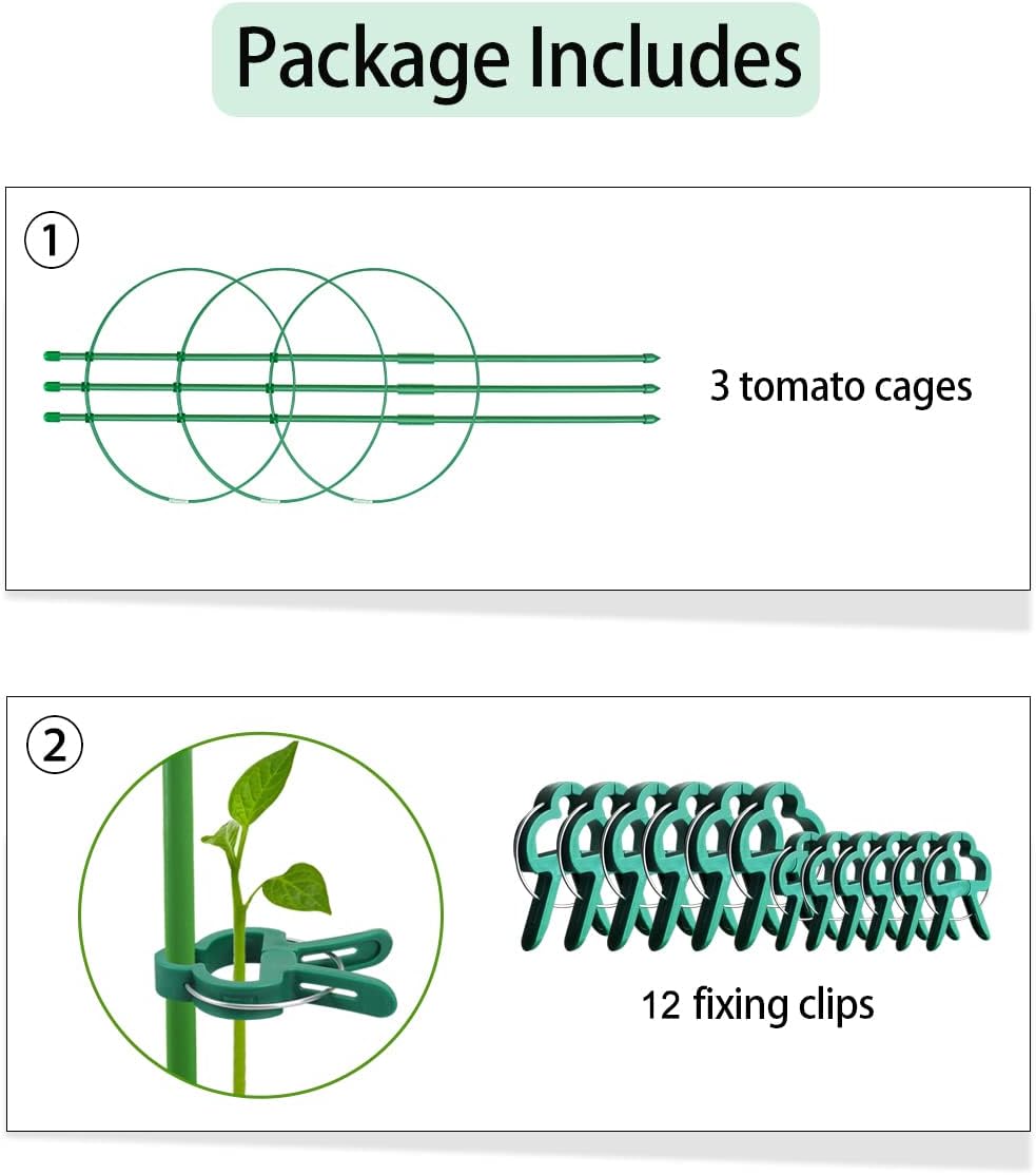 Plant Support Cages for Climbing Plant Upgrade Flower Tomato cage with Stand Stakes and Stable Support Rings, 3 Pack with 12 Clips (36")