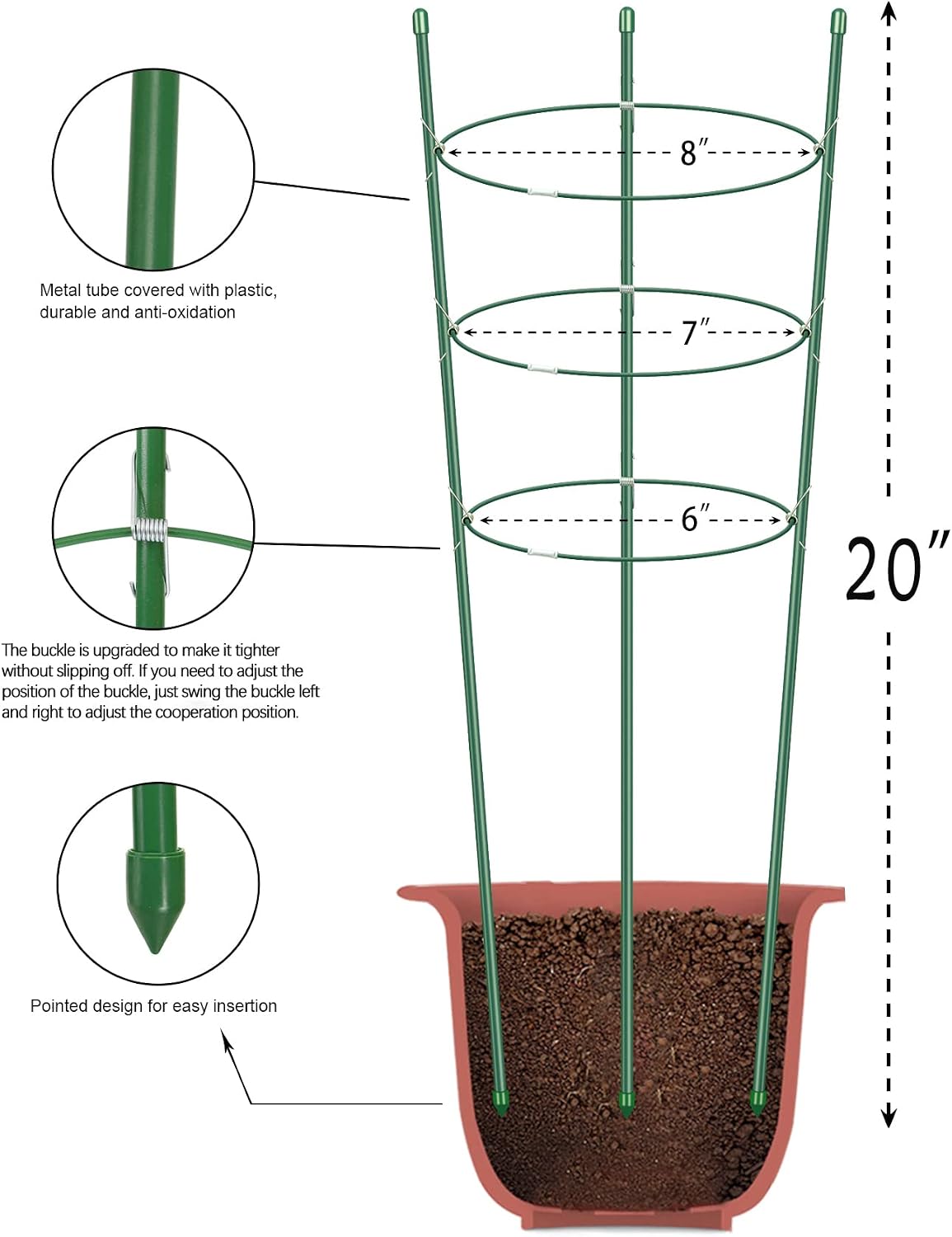 Plant Support Cages for Climbing Plant Upgrade Flower Tomato cage with Stand Stakes and Stable Support Rings, 3 Pack with 12 Clips (36")