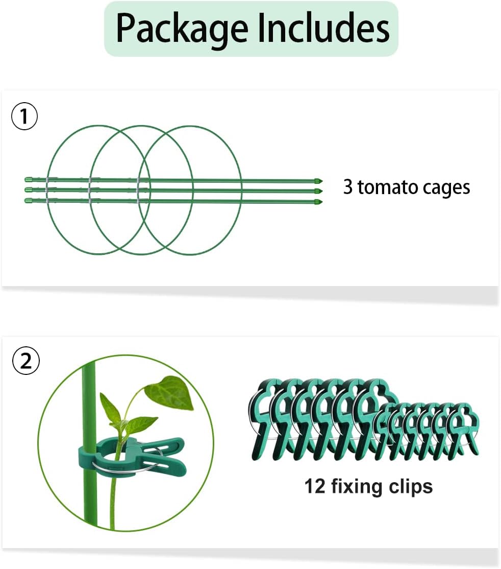 Plant Support Cages for Climbing Plant Upgrade Flower Tomato cage with Stand Stakes and Stable Support Rings, 3 Pack with 12 Clips (36")