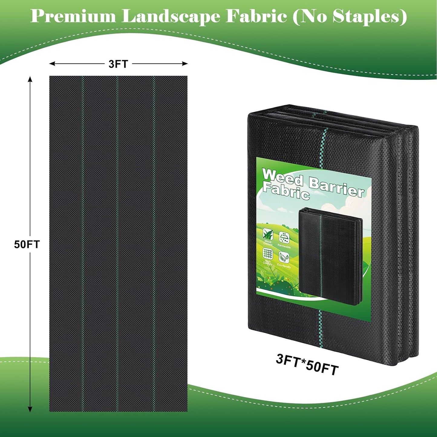 4FT x 100FT Landscape Fabric Weed Barrier Fabric, Heavy Duty 3.2oz Ground Cover Geotextile Fabric for Gardening, with 30 U-Shaped Stakes (2 Pack 4x50FT)