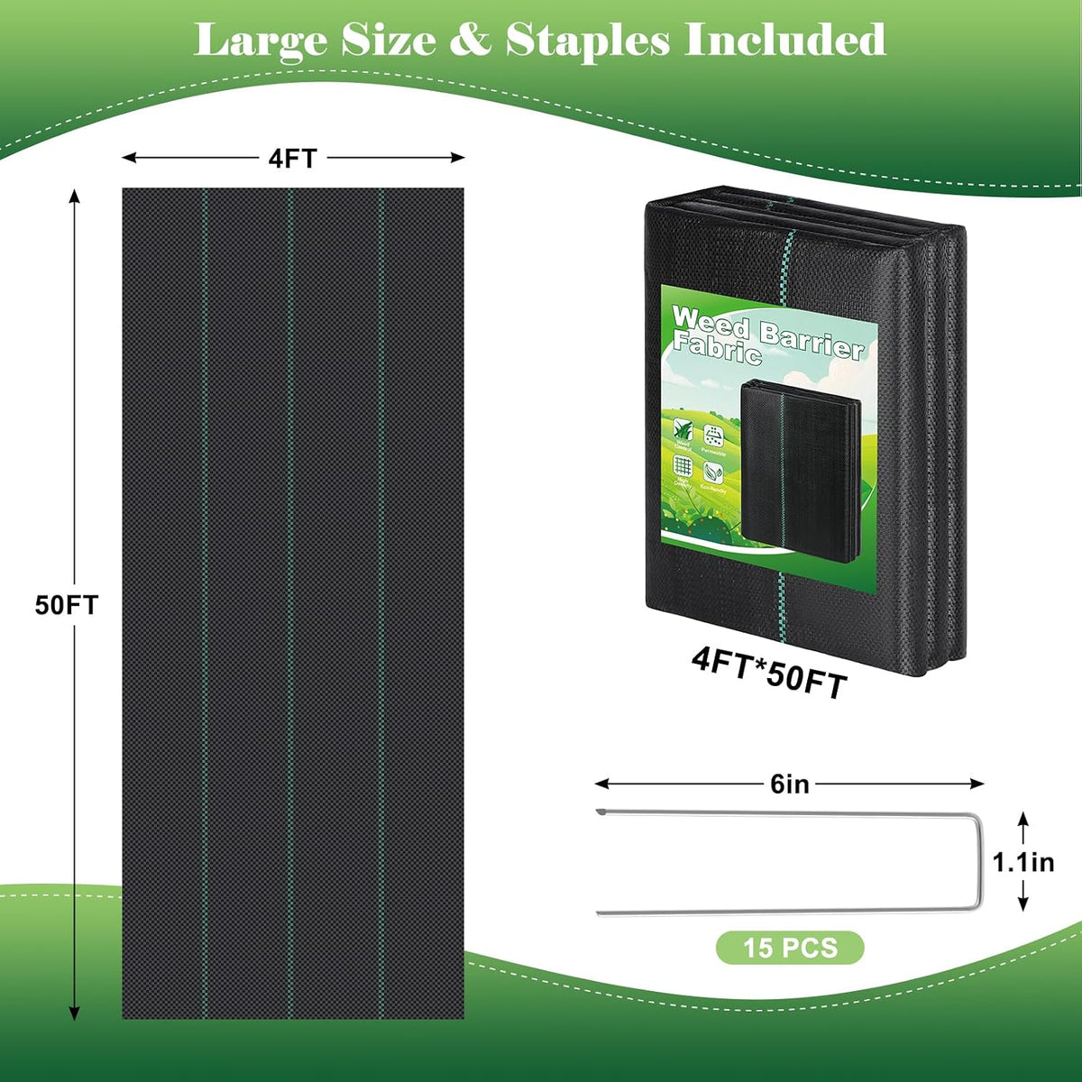 4FT x 100FT Landscape Fabric Weed Barrier Fabric, Heavy Duty 3.2oz Ground Cover Geotextile Fabric for Gardening, with 30 U-Shaped Stakes (2 Pack 4x50FT)