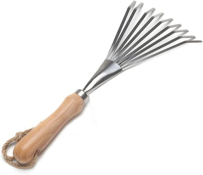 9 Tines Fan Lawn Leaf Hand Rakes Stainless Steel Beech Handle Soil Tille Garden Shrub Rake Small Leaf Rakes for Sweep Leaves & Loose Debris in Garden Lawns Yards 14.5 inch