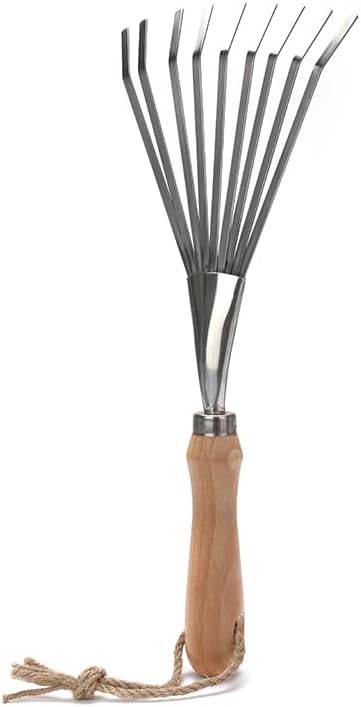 9 Tines Fan Lawn Leaf Hand Rakes Stainless Steel Beech Handle Soil Tille Garden Shrub Rake Small Leaf Rakes for Sweep Leaves & Loose Debris in Garden Lawns Yards 14.5 inch