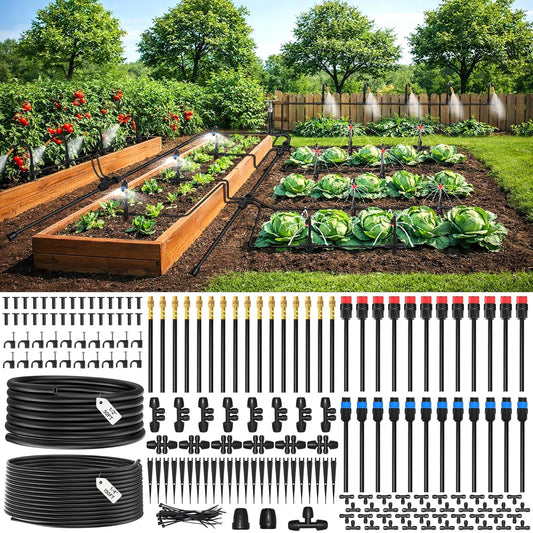 2026-Upgrade 360° Adjustable Drip Irrigation System Kit, 200FT Bendable Watering Misting System with 3 Spray Nozzle Types, 1/2"(50FT) & 1/4"(150FT) Tubing for Garden Raised Bed Lawn & Greenhouse
