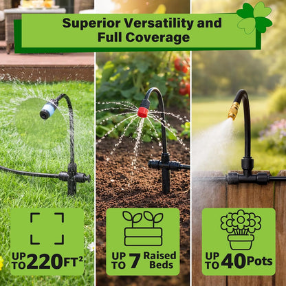 2026-Upgrade 360° Adjustable Drip Irrigation System Kit, 200FT Bendable Watering Misting System with 3 Spray Nozzle Types, 1/2"(50FT) & 1/4"(150FT) Tubing for Garden Raised Bed Lawn & Greenhouse