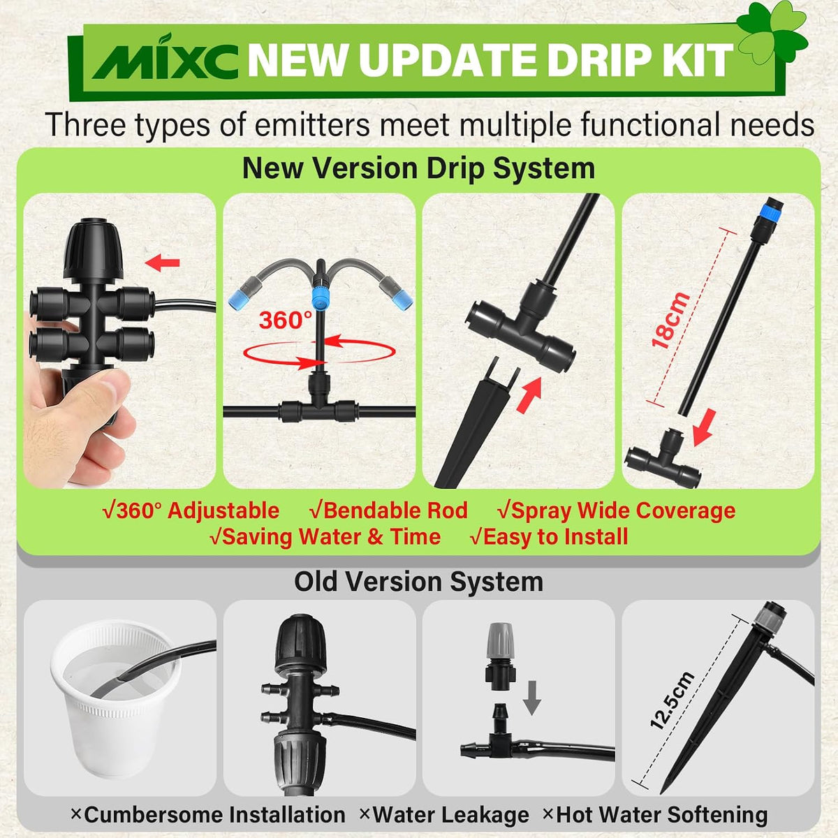 2026-Upgrade 360° Adjustable Drip Irrigation System Kit, 200FT Bendable Watering Misting System with 3 Spray Nozzle Types, 1/2"(50FT) & 1/4"(150FT) Tubing for Garden Raised Bed Lawn & Greenhouse