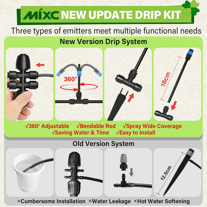 2026-Upgrade 360° Adjustable Drip Irrigation System Kit, 200FT Bendable Watering Misting System with 3 Spray Nozzle Types, 1/2"(50FT) & 1/4"(150FT) Tubing for Garden Raised Bed Lawn & Greenhouse