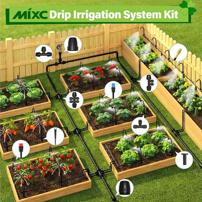 2026-Upgrade 360° Adjustable Drip Irrigation System Kit, 200FT Bendable Watering Misting System with 3 Spray Nozzle Types, 1/2"(50FT) & 1/4"(150FT) Tubing for Garden Raised Bed Lawn & Greenhouse