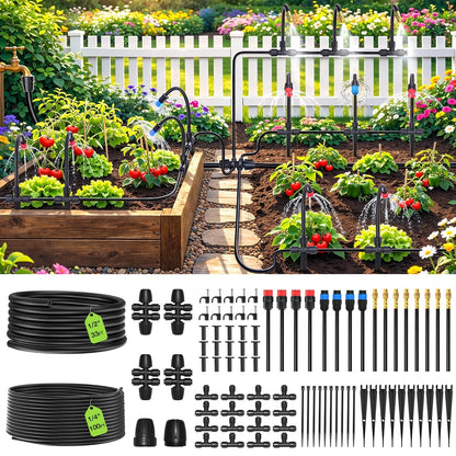 2026-Upgrade 360° Adjustable Drip Irrigation System Kit, 200FT Bendable Watering Misting System with 3 Spray Nozzle Types, 1/2"(50FT) & 1/4"(150FT) Tubing for Garden Raised Bed Lawn & Greenhouse