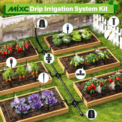 2026-Upgrade 360° Adjustable Drip Irrigation System Kit, 200FT Bendable Watering Misting System with 3 Spray Nozzle Types, 1/2"(50FT) & 1/4"(150FT) Tubing for Garden Raised Bed Lawn & Greenhouse